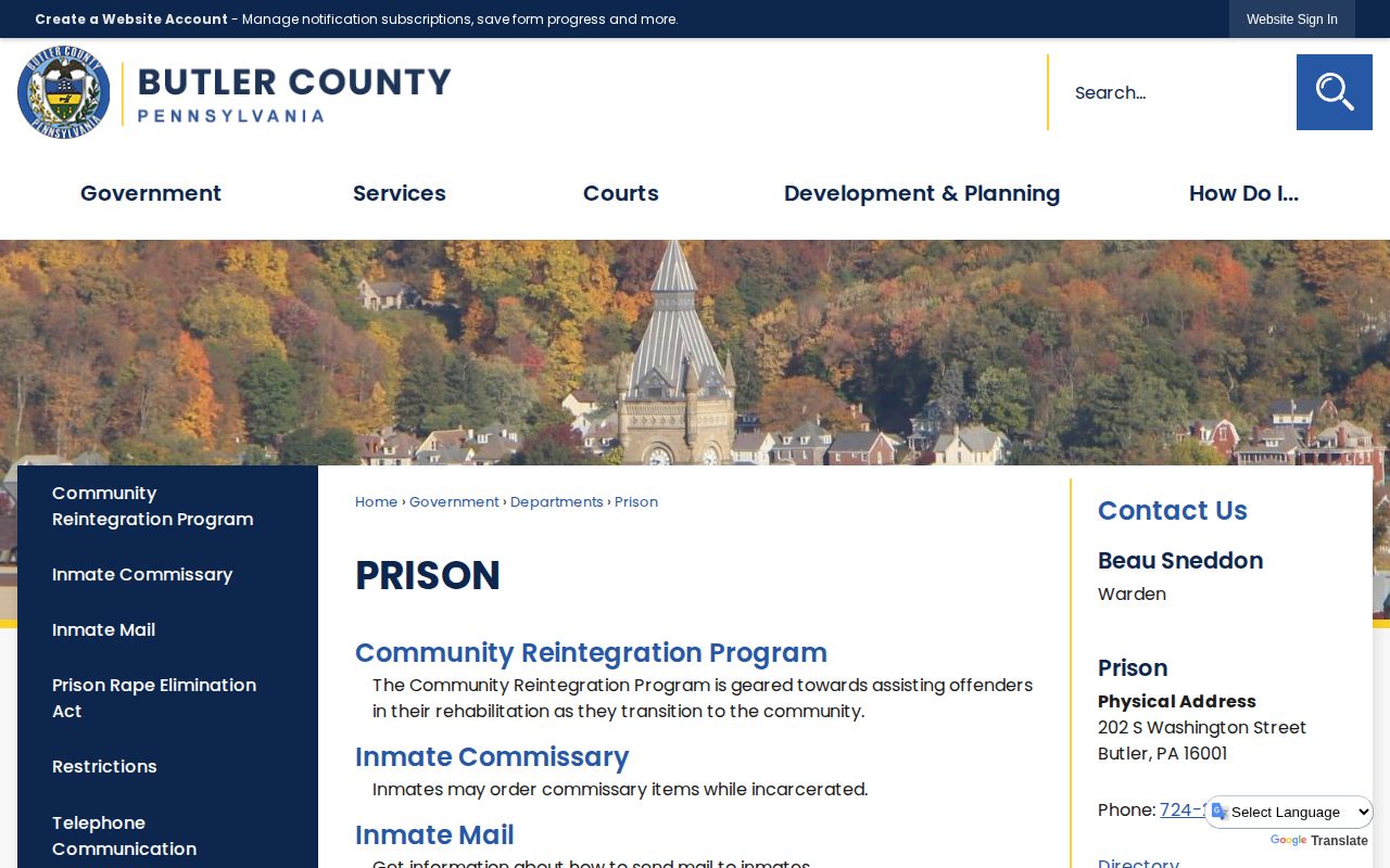 Butler County Prison official custody and booking-record contact page